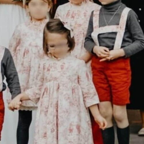 Fleur d'oranger, taille haute, col frou-frou, manches trois-quart, 2/4/6 ans, cortège, communion, demoiselle d'honneur