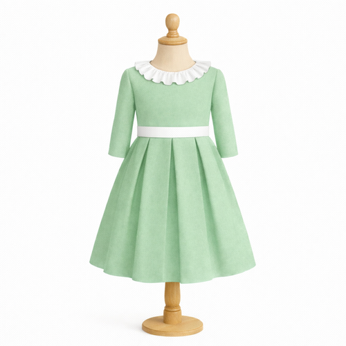 Macadamia 8/10/12 ans, robe taille haute 3 plis creux à col claudine et manches 3/4, cortège, communion, demoiselle d'honneur, garance