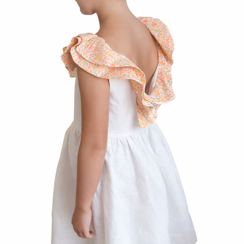 Patron de robe arum 2/4/6 ans, grand dos nu, et col volanté double en cascade, cortège, mariage, communion, garance, baptême, fête