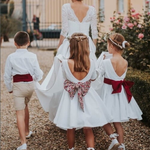 Patron de robe guarana, grand dos nu, manches trois-quart et jupe patineuse, 2/4/6 ans, cortège, communion, demoiselle d'honneur, garance