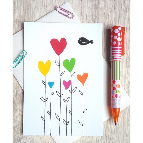 Carte postale " les cœurs multicolores " fait main,papiers découpés