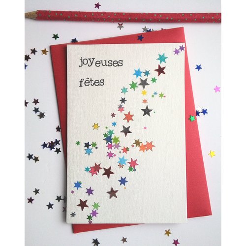 Carte fêtes " joyeuses fêtes aux étoiles multicolores" * fait main* papiers découpés collés
