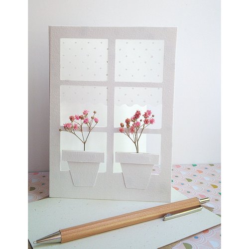 Carte " fenêtre et fleurs séchées " * carte anniversaire* fleurs séchées* fait main* papiers découpés