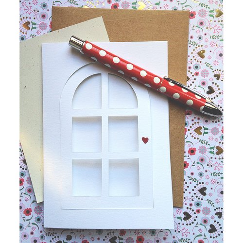 Carte " fenêtre et cœur rouge  " * carte anniversaire* fait main* papiers découpés