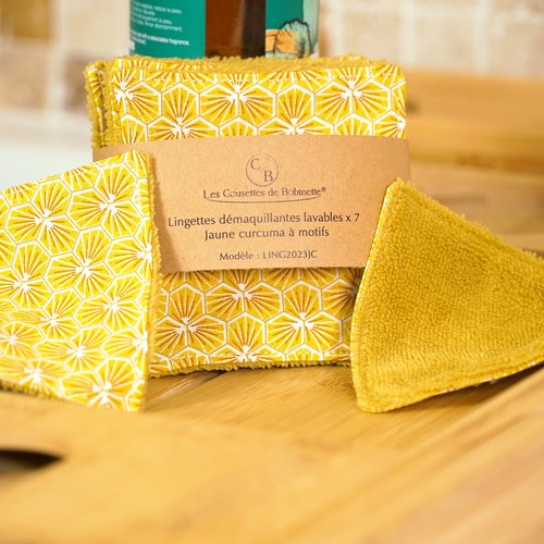 Lingettes démaquillantes lavables en éponge bambou et coton, lot de 7, jaune curcuma à motif riad