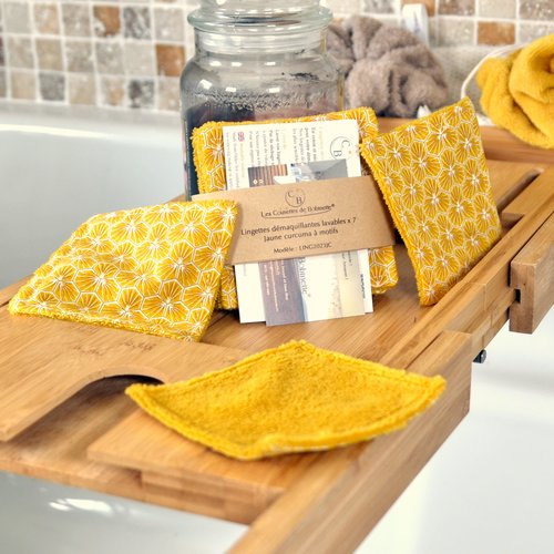 Lingettes démaquillantes lavables en éponge bambou et coton, lot de 7, jaune curcuma à motif riad