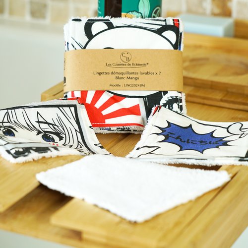 Lingettes démaquillantes lavables en éponge bambou et coton, lot de 7, blanc à motif manga