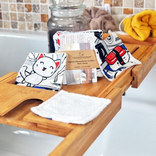 Lingettes démaquillantes lavables en éponge bambou et coton, lot de 7, blanc à motif manga