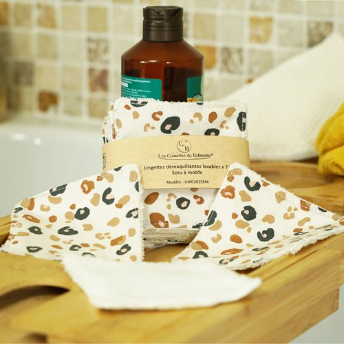 Lingettes démaquillantes lavables en éponge bambou et coton, lot de 7, écru à motif fauve