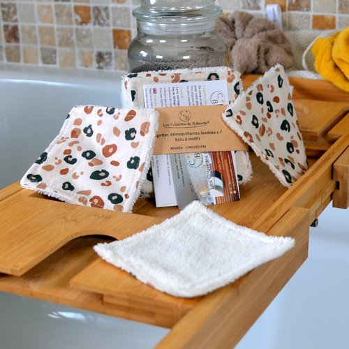 Lingettes démaquillantes lavables en éponge bambou et coton, lot de 7, écru à motif fauve