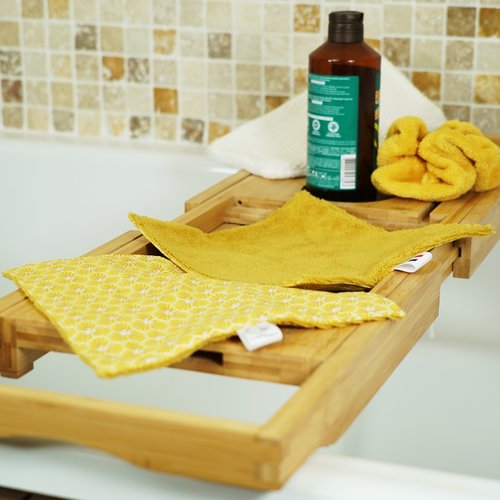 Serviettes visage en éponge bambou et coton, lot de 2, jaune curcuma à motif riad