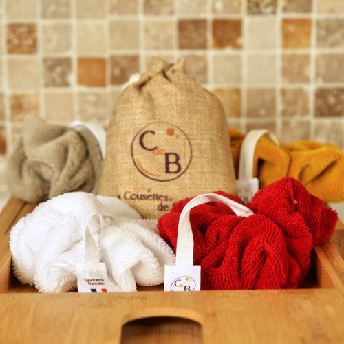 Fleur de douche en éponge bambou, lot de 2, blanc rouge