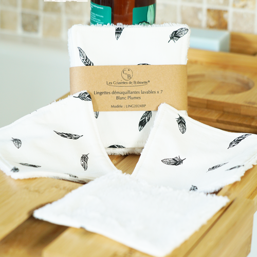 Lingettes démaquillantes lavables en éponge bambou et coton, lot de 7, blanc à motif plumes