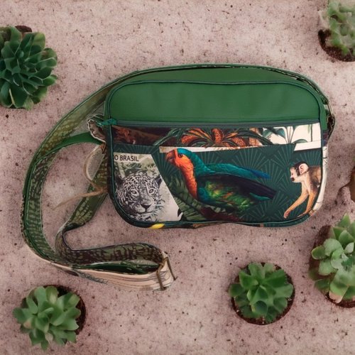 Sac à main besace jungle vert toile de coton et simili cuir vert bandoulière