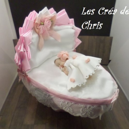 Couffin tout en tissu pour poser sur gateau de baptême ou autre avec son bébé en pâte polymere.