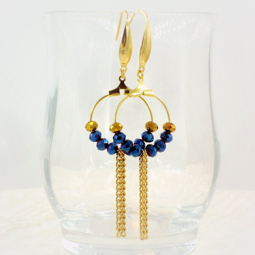 Boucles pendants d'oreille créoles or et bleu