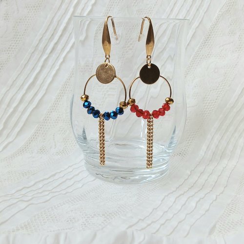 Longs pendants d'oreille créoles or, bleu ou rouge