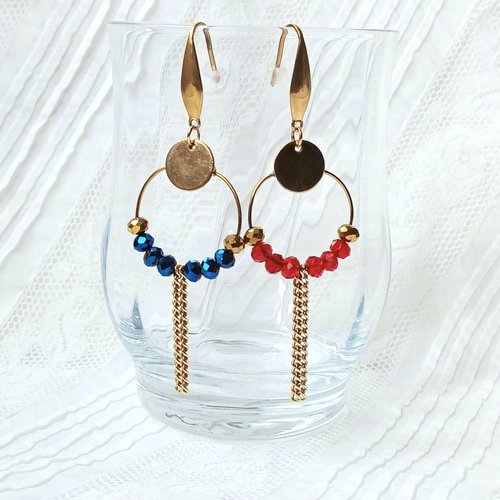 Longs pendants d'oreille créoles or, bleu ou rouge