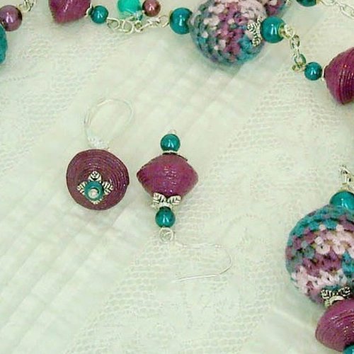 Boucles d'oreille perle de papier aubergine et perles nacrée bleu paon