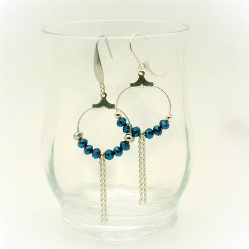 Boucles pendants d'oreille "argent et bleu" et chaîne gourmette