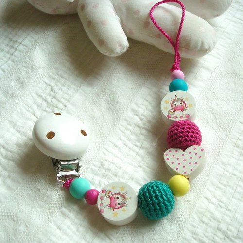 Attache-tétine "baby licorne",  perles en silicone, bois et coton crocheté rose et vert