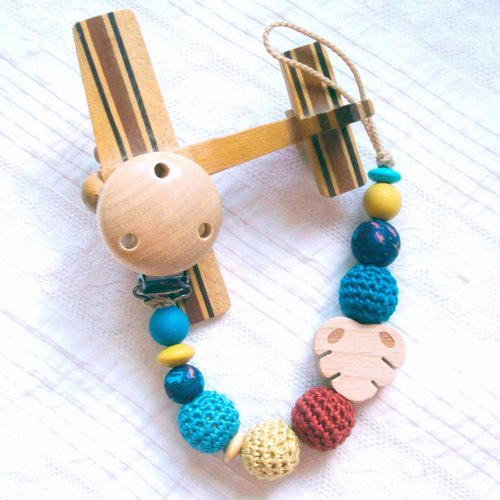 Attache-tétine petit boy, perle motifs voiture et feuille monstera