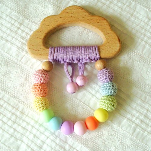 Hochet testé ce, anneau de dentition "nuage" et "arc en ciel" ton pastel