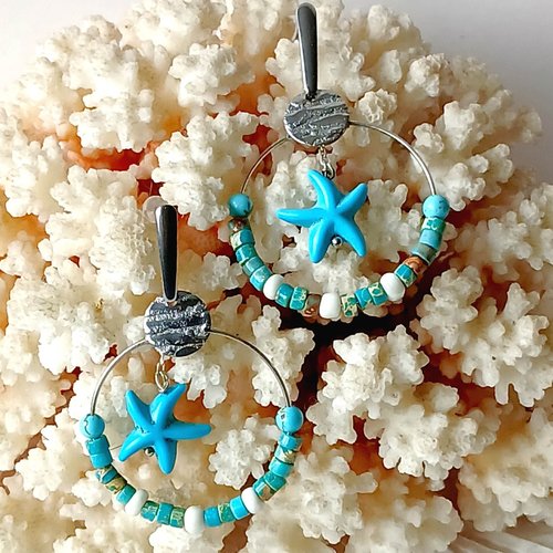 Créoles perles heishi en jaspe impérial et pierre howlite bleue.