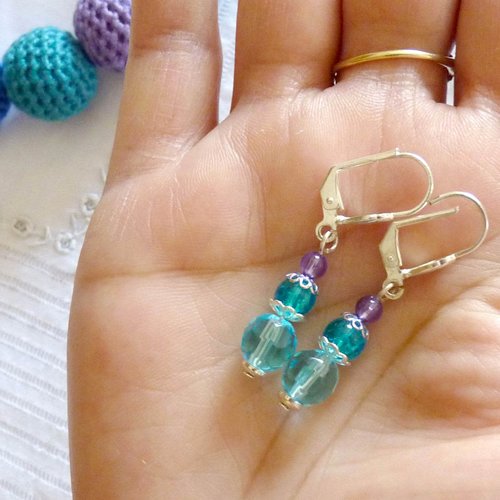 Boucles d'oreilles 3 perles de verre ton bleu et mauve