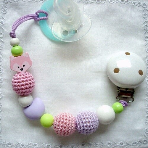 Attache-tétine pour fille "renard rose", perles en coton crocheté, en silicone et bois