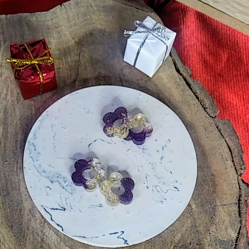 Pampilles interchangeable fleurs de couleur prune et transparente avec des feuille d'or pour créoles
