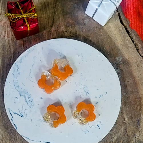 Pampilles interchangeable fleurs orange et transparent avec des feuilles d'or pour créoles