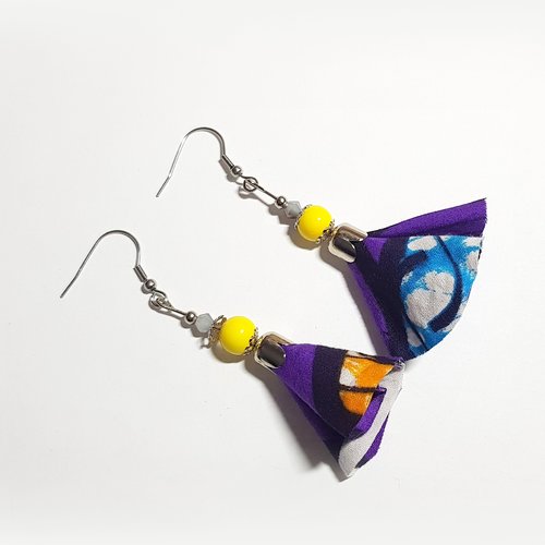 Boucle d'oreille pendante pompons tissue violet, bleu, orange, blanc, perles en verre, coupelles, crochet en métal inoxydable argenté