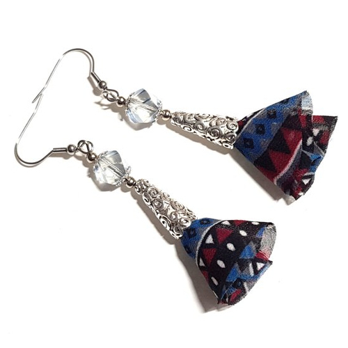 Boucle d'oreille pendante pompons voilage rouge, noir, bleu, perles en verre à facette, coupelles, crochet métal acier inoxydable argenté