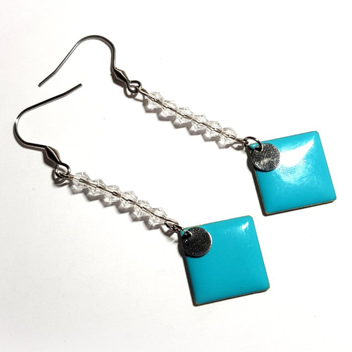 Boucle d'oreille pendante carré émaillé bleu, perles en verre à facette transparente, tige, crochet en métal acier inoxydable argenté