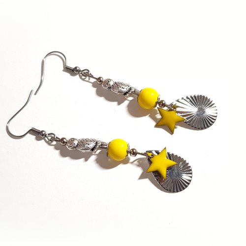 Boucle d'oreille oiseau, pendante étoile émaillé jaune, perles en verre, tige, crochet en métal acier inoxydable argenté