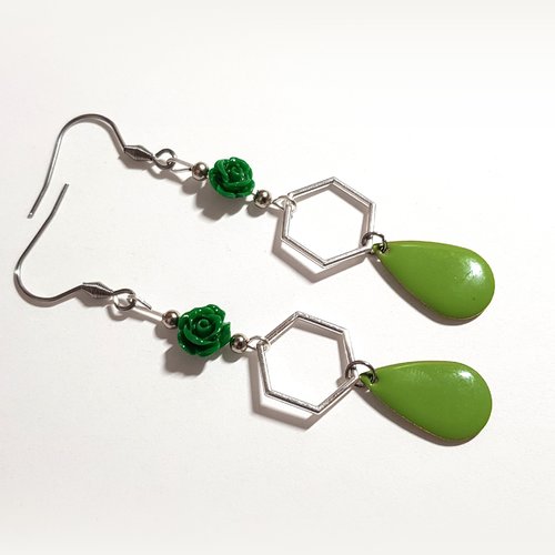 Boucle d'oreille pendante avec goutte émaillé vert olive, perle fleur en acrylique, tige, crochet en métal acier inoxydable argenté