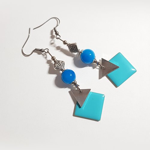 Boucle d'oreille pendante carré émaillé bleu, perles en verre, triangle, tige, crochet en métal acier inoxydable argenté
