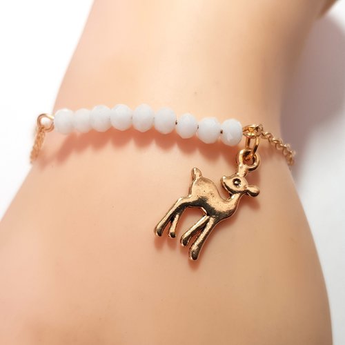 Bracelet chaîne breloque animaux biche, perles à facette blanche, chaînette d’extension, tige, fermoir mousqueton, métal doré