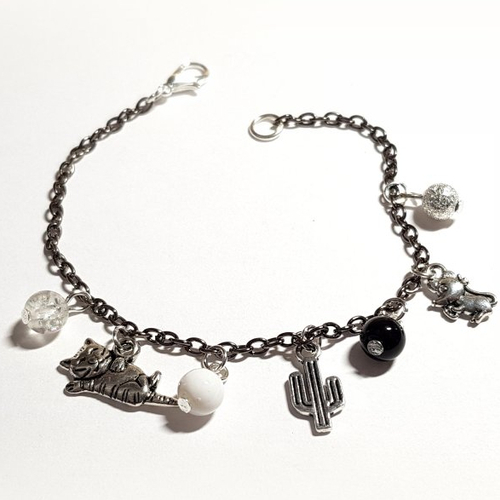 1 bracelet chaîne, chat, souris, cactus, perle en verre blanche, transparente, noir, fermoir mousqueton en métal argenté