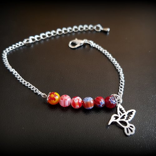 Bracelet chaîne oiseau, perle verre fleur multicolore, rouge, chaîne d’extension, goutte, fermoir mousqueton en métal argenté clair