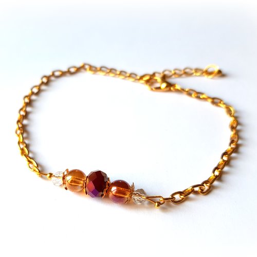 Bracelet perle en verre lisse et à facette ambre, rouge bordeaux, chaîne d’extension, goutte, fermoir mousqueton en métal doré