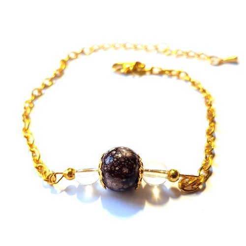 Bracelet perle en verre marron moucheté, chaîne d’extension, goutte, fermoir mousqueton en métal doré