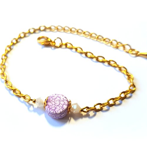 Bracelet perle plat ronde en verre marbré rose, chaîne d’extension, goutte, fermoir mousqueton en métal  doré