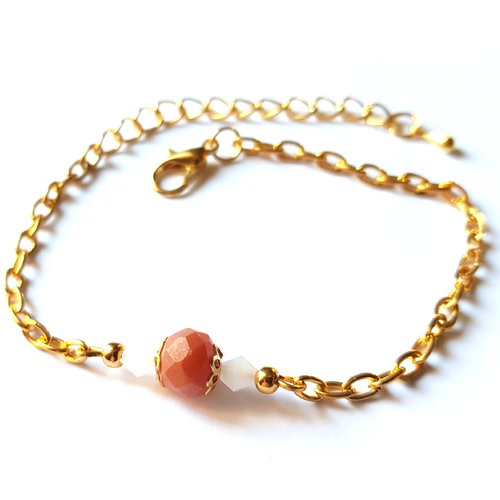 Bracelet perle en verre à facette, chaîne d’extension, goutte, fermoir mousqueton en métal doré