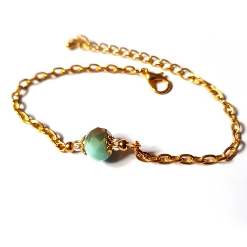 Bracelet perle en verre à facette vert avec reflets, chaîne d’extension, goutte, fermoir mousqueton en métal doré