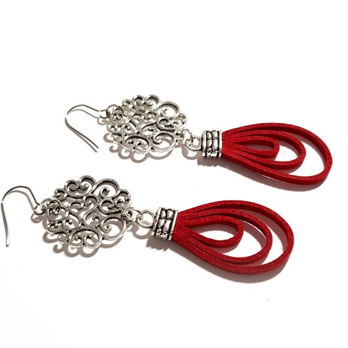Boucle d'oreille pendante en suédine rouge foncé, fleur, embout, crochet en métal acier inoxydable argenté
