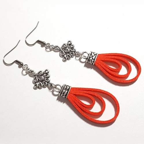 Boucle d'oreille pendante en suédine orange, fleur, embout, crochet en métal acier inoxydable argenté
