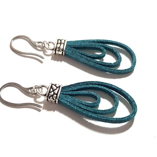 Boucle d'oreille pendante en suédine bleu turquoise, embout, crochet en métal acier inoxydable argenté