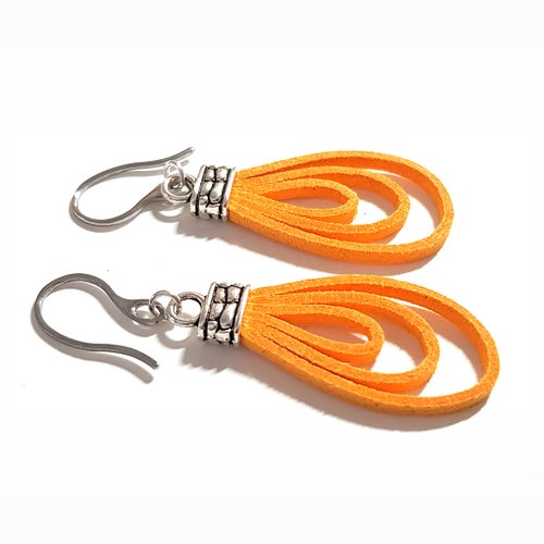 Boucle d'oreille pendante en suédine orange, embout, crochet en métal acier inoxydable argenté
